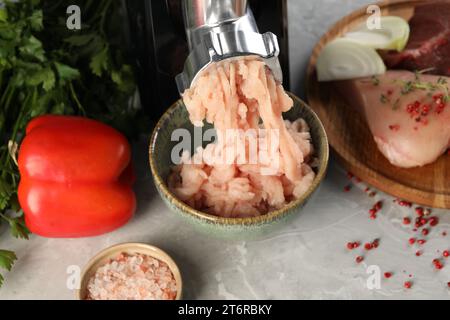 Tritatutto elettrico con tritatutto di pollo e prodotti su tavolo in marmo grigio Foto Stock