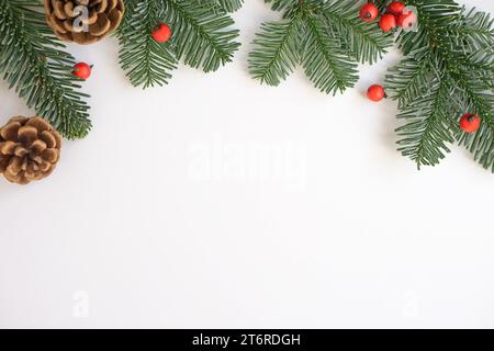 Sfondo natalizio. Rami verdi con bacche rosse e coni bruni. Foto Stock