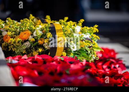 I Poppy wreathes furono esposti al giorno dell'armistizio del 2023 al Cenotafio di Whitehall. La cerimonia del giorno della memoria si è tenuta a Cenotafio su Whitehall con due minuti di silenzio e posa di fiori. Foto Stock