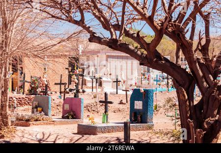 Gli alberi incorniciano le lapidi nel cimitero di San Pedro de Atacama, Cile. Foto Stock