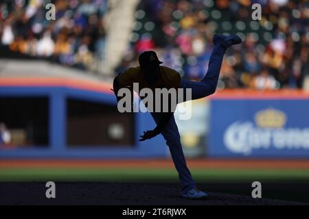 Il lanciatore titolare di Las Águilas Cibaeñas Ariel Miranda (89) lanciò durante il secondo inning di una partita di baseball contro i Los Tigres del Licey al Citi Field di Corona, New York, sabato 11 novembre 2023. (Foto: Gordon Donovan) Foto Stock