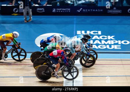 Campionessa di pista di Londra, gara di eliminazione femminile Lara Gillespie, battendo la norvegese Anita Yvonne Stenberg, la gara di eliminazione Foto Stock