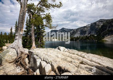 OR02707-00...OREGON - alberi che vi hanno fatto case sulla cima di massi di granito al lago Mirrow, nella Eagle Cap Wilderness. Foto Stock