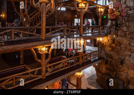 WY05787-00...WYOMING - interno dell'Old Faithful Inn nel parco nazionale di Yellowstone, fotografato con un Lensbaby Velvet 28. Foto Stock