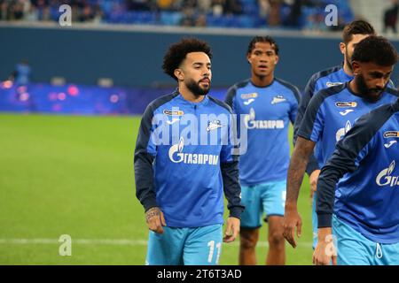 Claudio Luiz Rodrigues Parise Leonel, noto come Claudinho (11) di Zenit visto in azione durante la partita di calcio della Premier League russa tra Zenit San Pietroburgo e Krasnodar alla Gazprom Arena. Punteggio finale; Zenit 1:1 Krasnodar. (Foto di Maksim Konstantinov / SOPA Images/Sipa USA) Foto Stock