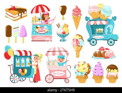 Simpatici venditori di gelati. Diversi tipi di dolci freddi in coni, waffle e bastoncini. Tenda per lo shopping su ruote. Vendita di furgoni per dessert surgelati Illustrazione Vettoriale