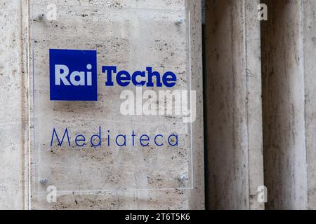 Torino , Italia - 10 26 2023 : rai teche mediateca radio televisione Italiana, marchio e testo di trasmissione, emittente italiana Foto Stock