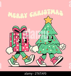 Groovy hippie Christmas. Albero di Natale e confezione regalo in stile cartoni animati retrò alla moda. Illustrazione vettoriale. Illustrazione Vettoriale