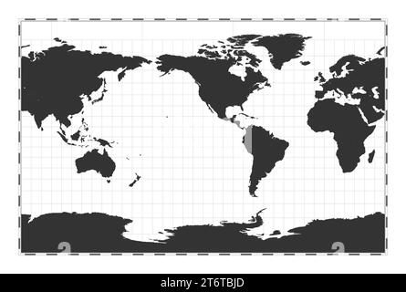 Mappa vettoriale del mondo. Proiezione stereografica cilindrica. Mappa geografica del mondo pianeggiante con linee di latitudine e longitudine. Centrato a 120 gradi di longitudine E. Illustrazione Vettoriale