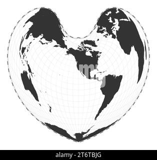 Mappa vettoriale del mondo. Proiezione pseudoconica a pari area di Bonne. Mappa geografica del mondo pianeggiante con linee di latitudine e longitudine. Illustrazione Vettoriale