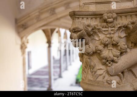 Toledo, Spagna, 08.10.21. Pietra, capitale della colonna scolpita da vicino con testa di leone e motivi naturali nel Museo di Santa Cruz a Toledo. Foto Stock