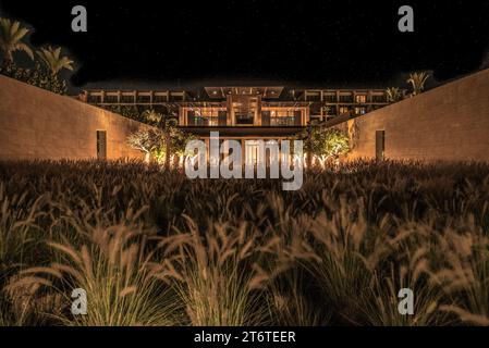Una scena tranquilla caratterizzata da una lussureggiante area verde erbosa vicino a un moderno paesaggio cittadino con edifici illuminati di notte Foto Stock
