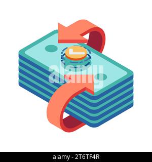 Stack isometrico di denaro 3d piatto con la freccia di cambio. Concetto di cambio valuta. Illustrazione Vettoriale