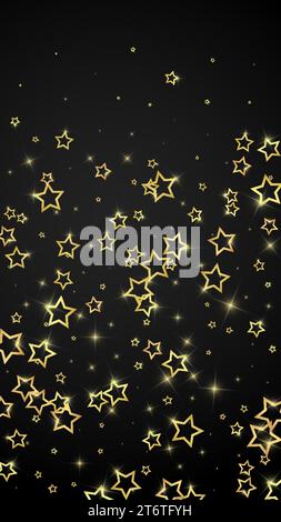 Confetti Gold Sparkling Star. Modello di sovrapposizione infantile da sogno e caotico. Illustrazione vettoriale Festive Stars su sfondo nero. Illustrazione Vettoriale