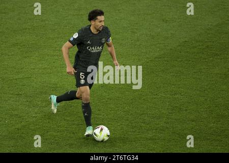 Marquinhos del PSG durante la partita di calcio del campionato francese di Ligue 1 tra lo Stade de Reims e il Paris Saint-Germain l'11 novembre 2023 allo stadio Auguste Delaune di Reims, in Francia Foto Stock