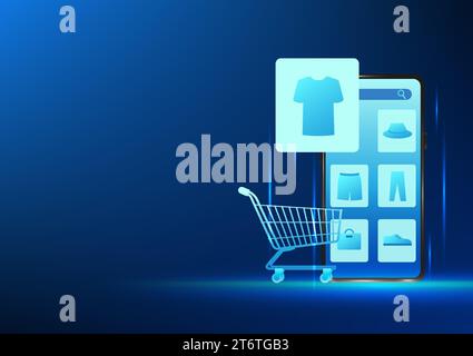 Tecnologia aziendale di e-commerce IT vende prodotti online. I clienti possono ordinare prodotti in tutto il mondo, schermi per smartphone con i prodotti posizionati Illustrazione Vettoriale