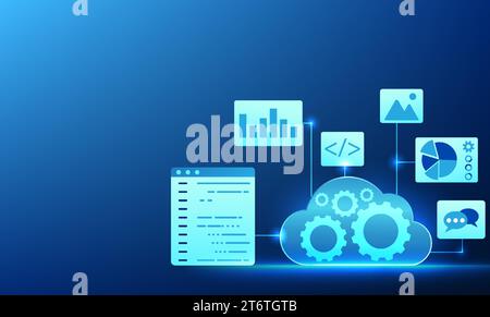 La tecnologia cloud all'interno è dotata di ingranaggi e di una schermata che visualizza codici di comando, grafici e icone. Software connesso al sistema cloud. Ci sono Illustrazione Vettoriale