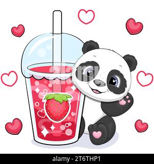 Carino panda da cartone animato con una grande bevanda alla fragola. Illustrazione vettoriale di un animale e di una tazza di acqua rossa su sfondo bianco con cuori rossi. Illustrazione Vettoriale