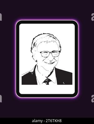 Bill Gates Business magnate americano Neon Light Board View sfondo viola, immagine astratta modificabile illustrazione vettoriale Illustrazione Vettoriale