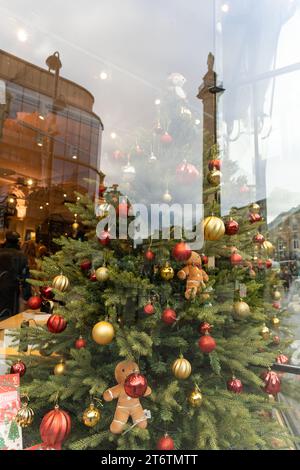 Vetrina natalizia con il Grey's Monument nel centro della città di Newcastle upon Tyne, Regno Unito, riflesso nel vetro. Concetto di shopping natalizio. Foto Stock
