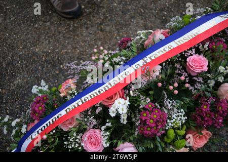 Parigi, Francia. 12 novembre 2023. La corona doveva essere posata nella piazza della Place des Martyrs juifs du Velodrome d'Hiver. La riunione fu interrotta dagli avversari. Parigi, Francia, il 12 novembre 2023. Foto di Jeremy Paoloni/ABACAPRESS.COM credito: Abaca Press/Alamy Live News Foto Stock