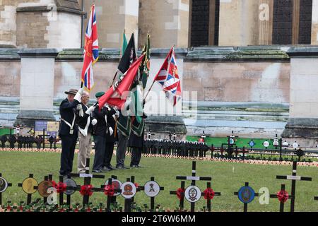 Londra Regno Unito 12 novembre 2023 le bandiere si sono abbassate alle 11.00 durante il memoriale del Remembrance Day osservato negli stati membri del Commonwealth dalla fine della prima guerra mondiale per onorare i membri delle forze armate che sono morti . Londra .UK Paul Quezada-Neiman/Alamy Live News Foto Stock