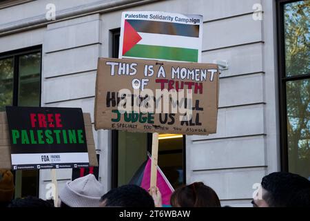 Londra, Regno Unito - 11 novembre 2023 - Placard, in una marcia di protesta per chiedere un cessate il fuoco a Gaza, attrae oltre 300,00 persone, organizzata dalla campagna di solidarietà della Palestina. Foto Stock