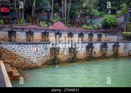 Sorgenti termali, bagni termali nella giungla tropicale. Piscina solforosa rituale per nuotare. Banjar, Bali Foto Stock