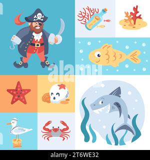Modello pirata per bambini senza cuciture. Personaggi dei cartoni animati. Capitano della nave con gancio e cappello a cocco. Marinai di squali e gabbiani, granchi in giubbotto, cranio, stelle marine Illustrazione Vettoriale