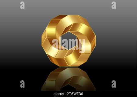 Forma romboidale a spirale 3D di colore oro, elegante design con logo in stile geometrico. Icona astratta aziendale. Azienda, media, tecnologia, vettore Illustrazione Vettoriale