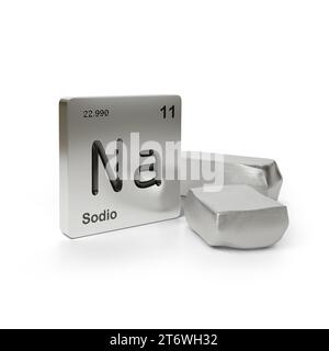 Simbolo dell'elemento di sodio dalla tabella periodica in spagnolo vicino al sodio metallico isolato su sfondo bianco. illustrazione 3d. Foto Stock