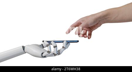 Mano robotica che tiene un telefono cellulare e una mano umana che tocca lo schermo isolato su sfondo bianco. Concetto IA. illustrazione 3d. Foto Stock