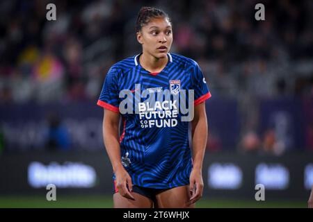 San Diego, Stati Uniti, 11 novembre 2023: Elyse Bennett (34 OL Reign) durante il National Women’s Soccer League Championship tra OL Reign e Gotham FC allo Snapdragon Stadium di San Diego, CA Stati Uniti (SOLO USO EDITORIALE). (Rebekah Wynkoop / SPP) Foto Stock