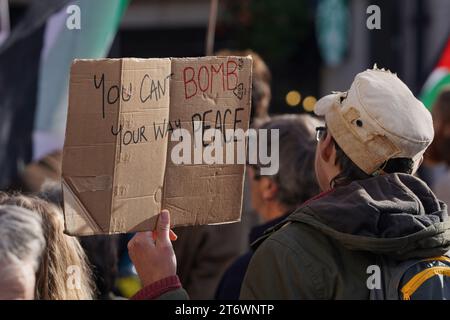 Messaggi di sostegno su cartelli e cartelli alla marcia pro Palestina nel centro di Cardiff, sabato 11 novembre 2023 Foto Stock