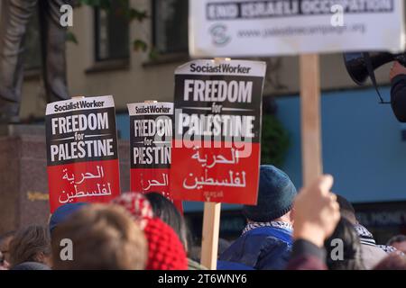 Messaggi di sostegno su cartelli e cartelli alla marcia pro Palestina nel centro di Cardiff, sabato 11 novembre 2023 Foto Stock