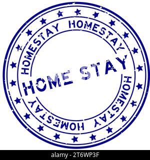 Parola Home Stay blu grunge con icona a stella timbro in gomma rotondo su sfondo bianco Illustrazione Vettoriale