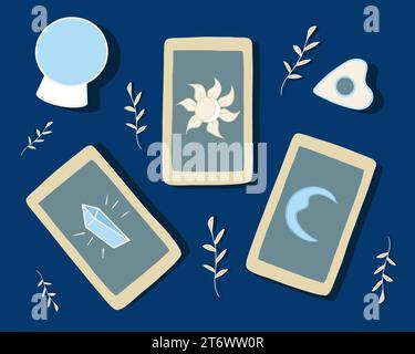 Illustrazione vettoriale isolata del layout della scheda Tarot. Divinazione sulle carte. Previsione del futuro. Illustrazione Vettoriale