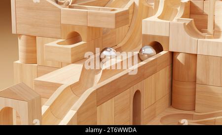 Macchina in marmo di legno su fondo liscio. Giocattoli con palle rotanti, piste in legno chiaro e illuminazione calda. Foto Stock