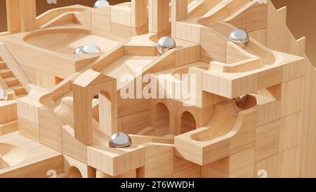 Macchina in marmo di legno su fondo liscio. Giocattoli con palle rotanti, piste in legno chiaro e illuminazione calda. Foto Stock