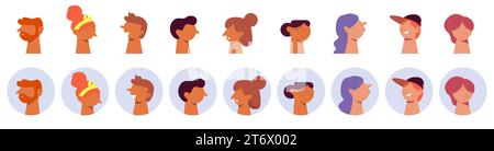 Set di caratteri avatar per ritratti. Allegri scarabocchi maschili e femminili per fumetti e progettazione di account vettoriali web Illustrazione Vettoriale