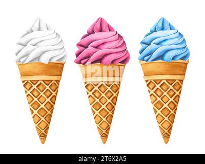 Impostare i gelati. Dolce estivo, gelato con gusti diversi, cono gelato e ghiacciolo. Fast food Street Frozen per illustrazione acquerello Foto Stock