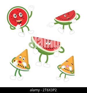 Divertente cocomero fettine di personaggi con volti sorridenti di cartoni animati. Frutta carina in occhiali da sole surf. Festa estiva. Comic watermelons vettore set Illustrazione Vettoriale