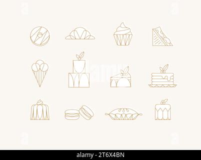 Icone dei dessert in stile art deco: Ciambelle, croissant, cupcake, sandwich, gelato, torta, dessert, pancake, macaron, estrazione di gelatina con bianco Illustrazione Vettoriale