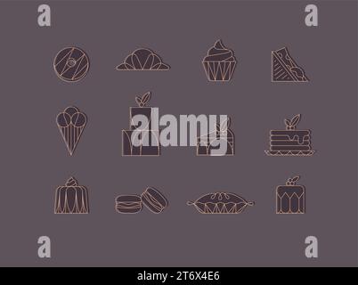 Icone dei dessert in stile art deco: Ciambelle, croissant, cupcake, sandwich, gelato, torta, dessert, pancake, macaron, estrazione di gelatina con marrone Illustrazione Vettoriale