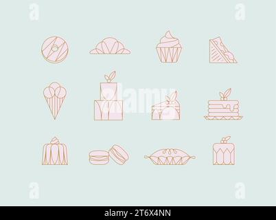 Icone dei dessert in stile art deco: Ciambelle, croissant, cupcake, sandwich, gelato, torta, dessert, pancake, macaron, disegno di gelatina con rosa Illustrazione Vettoriale
