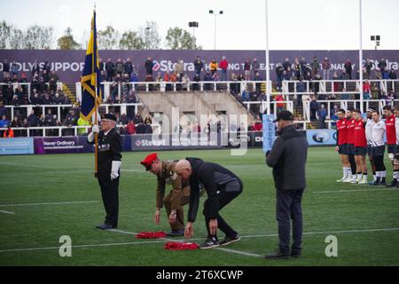 Newcastle upon Tyne, Regno Unito. 12 novembre 2023. Newcastle upon Tyne, 12 novembre 2023. Le ghirlande vengono posate la domenica di Remembrance prima del Gallagher Premiership match tra Newcastle Falcons e Saracens a Kingston Park. Crediti: Colin Edwards/Alamy Live News Foto Stock