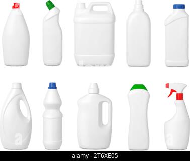 Modelli realistici per la pulizia di imballaggi in plastica. Detergenti chimici flaconi 3d bianchi, lavastoviglie e spray. Detergenti per la pulizia della casa Pithy Vector Illustrazione Vettoriale