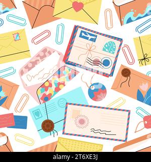 Inviluppi motivo senza cuciture. Busta aperta e chiusa con carta e lettere. Post e post-crossing, sfondo decorativo per posta. Vettore retro decente Illustrazione Vettoriale