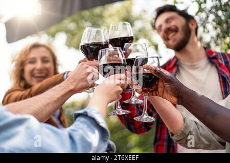 Un gruppo eterogeneo di amici brindando allegramente con bicchieri di vino rosso, godendosi un momento di socializzazione all'aperto. Foto Stock