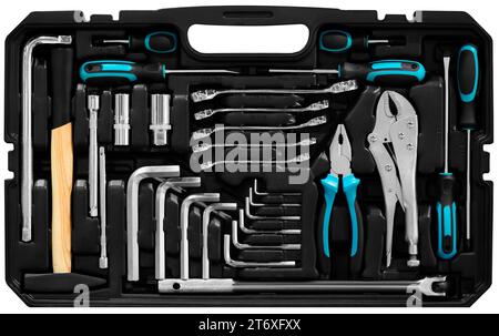 kit attrezzi meccanici in scatola nera, primo piano del kit attrezzi meccanici Foto Stock
